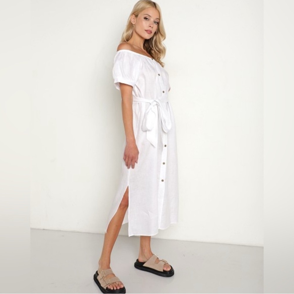 Eberjay REVOLVE Harper White Off-Shoulder linen Dress. NWT